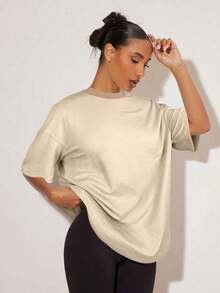 2026 SUMMER TopBASICS Summer Casual Loose Fit Short Sleeve T-Shirt With Mock Neck And Drop ShoulderLoose And Comfortableshirt - 駝色 - 查看 6