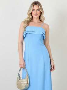 Long Summer Dress With Ruffled Neckline, Straight Straps, Casual, Chic, Elegant, Plain - 藍色 - 查看 2