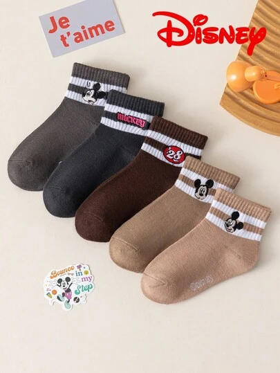  5/1 Pair Disney Embroidered Children's Warm Socks, Cute Disney Embroidered Mickey & Minnie Pattern Thick Mid-Calf Socks For Autumn/Winter, Girls Socks, Disney Series Boys Mid-Calf Socks, Korean Cartoon Style Breathable Children Embroidered Mid-Calf Socks