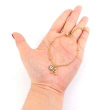 1pc Classic Simple Initial Round Blue Eye Pendant Golden Stainless Steel Bead Chain Bracelets For Women - Yellow Gold - View 3