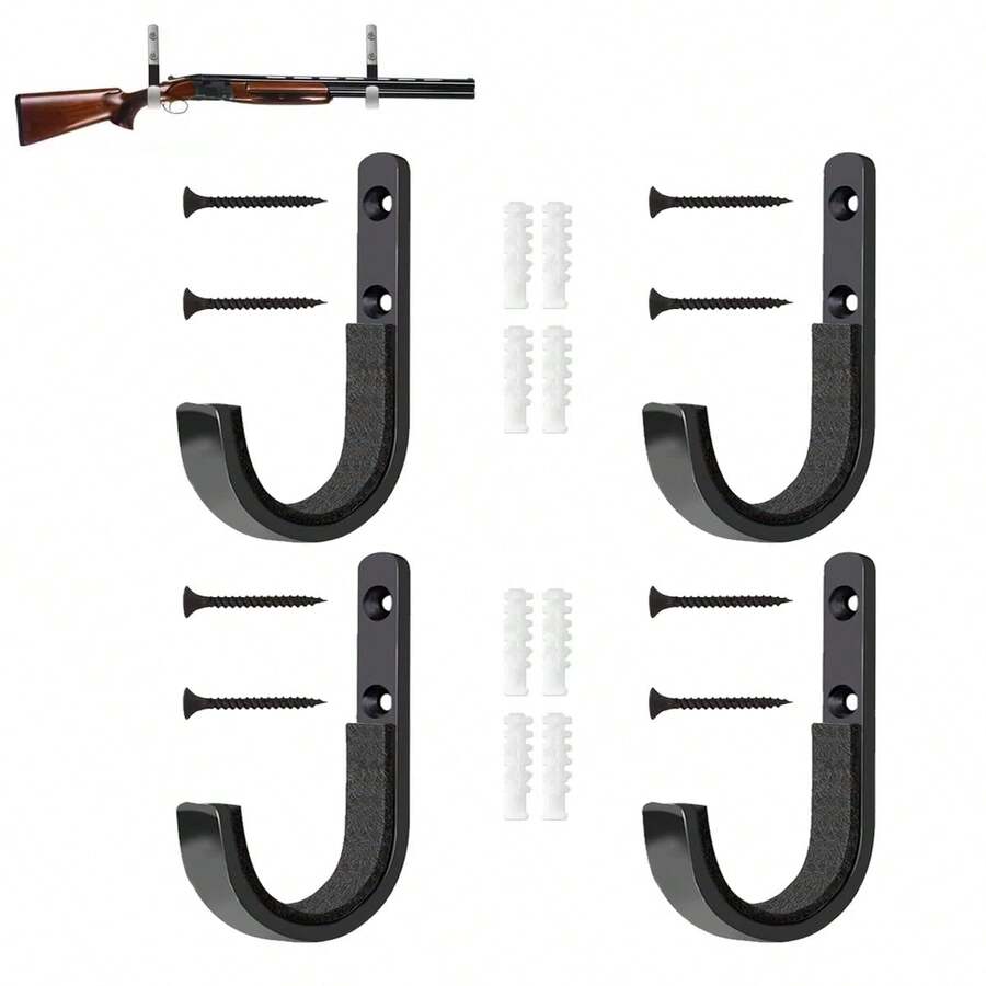 Cuatro soportes de pared de acero inoxidable, con tornillos, brocas y tapas protectoras para su instalación. Ideales para diversos lugares, como garajes, almacenes y salas de estar.