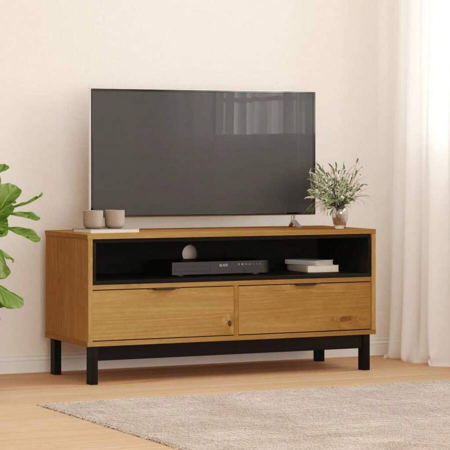 vidaXL Móvel de TV FLAM 110x40x50 cm madeira maciça - Castanho - Ver 1