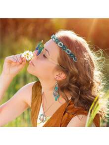 60、70年代嬉皮士风格女士服装套装，包括流苏背心、太阳镜、项链、耳环和发带。套装包含眼镜、发带、和平标志项链和耳环，适合圣诞派对装扮。 - 彩色 - 查看 12