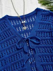 Royal Blue Long Sleeve Tie Front Cardigan Women's Crochet Knit Crop Top Mesh Sheer Summer Sweater Vacation Outfits Women Summer Clothes Squishy Soft Beach Cover Up Summer Tops For Women Sexy V Neck Open Front Shrug Lightweight Knitwear For Summer Outfits For Women Camping Essentials Aesthetic Fairycore Top For Holiday Outfits Dresses For Women Summer Pairing Breathable Outdoor Knit Shrug - 藍色*慵懶休閒 - 查看 3