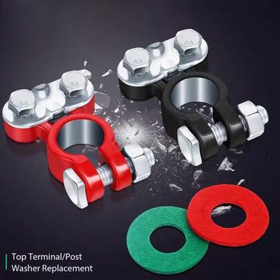 一对汽车、船舶、卡车电池接线柱夹，合金头连接器夹，正负极柱，汽车电池接线柱连接器 | 带垫圈的顶部接线柱替换夹 | 适用于船舶、房车、汽车