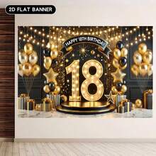1PC,2D Flat, Black Gold 18th Birthday Party Background Banner, Polyester Fabric, Balloons, Gifts, Light String Design, Used For 18th Birthday Party Decoration, Coming Of Age Ceremony, Graduation Party, Birthday Celebration, Holiday Party, Party Decoration, Anniversary, Birthday Background Cloth, Cake Table Decoration, Wall Decoration, Home/Room/Indoor/Outdoor Decoration, Photography Background Props, Party Decoration Supplies/Gifts - Multicolor - View 8