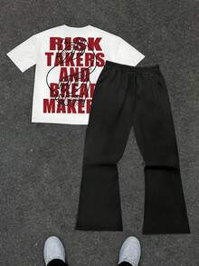 Young Boy Slogan Eye Print Crew Neck Short Sleeve T-Shirt And Long Pants Casual Set - White - View 2