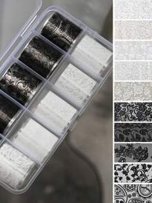 10卷 2.5*50cm Y2K 新款黑白蕾丝转印箔美甲性感全包花胶 DIY 美甲造型工具