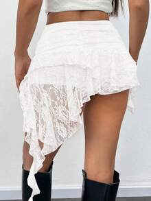 Women Summer White Lace Mini Skirt With Shorts- Low Rise Y2K Pleated Ruffle Fairy Skirt Chic Layered Asymmetrical Half Slip Skirts For Sports, Party, Vacation, Valentine's Day Outfit - 白色 - 查看 4
