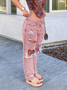 Pink Broken Wide-Leg Jeans Women Spring, Summer And Fall Broken Pocket Design Loose Straight Pants - Pink - View 3