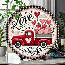 1pc "Love In The Air" Valentine'S Day Wreath Sign| 8x8 Inch Round Aluminum Wall Decor With Red Truck, Heart Balloons & Floral Design, Vintage Style, Perfect For Home Or Room Decoration - Metal Spray Paint - View 3