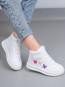 1 Pair Girls High-Top Sports Shoes, Fashion Butterfly Embroidery Casual Sneakers Suitable For School, Daily Sports, Running, Leisure - White - View 2