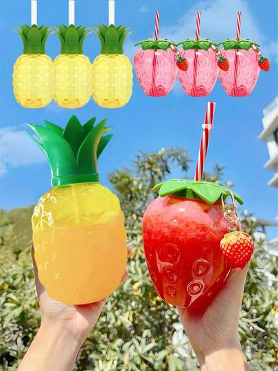 4/1pc-500ml/16.91 Oz Pineapple And Strawberry Shaped Drink Cups ,Hawaii Sippy Cup Cartoon Fruit Straw Cups Party Sippy Cup Strawberry And Pineapple Shaped Cup , Drink Cups With Straw And Strawberry Pendant Beverage Juice Mug For Party Strawberry Drinking