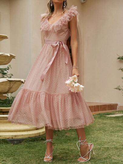 Simplee Letnia, nowa, damska, różowa, siateczkowa sukienka maxi w groszki, dekolt w serek, wielowarstwowa falbanka, pasujący pasek z satynowej kokardy, odpowiednia dla druhen, na przyjęcie ogrodowe, eleganckie przyjęcie urodzinowe