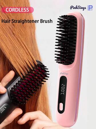 PinkSings Cepillo alisador inalámbrico con pantalla LCD, temperatura ajustable, mini alisador de cabello portátil, esencial para viajes, cepillo caliente de iones negativos, herramienta de peinado para mujeres, anti-quemaduras, revestimiento cerámico