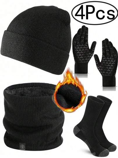 Men's Winter Warm Knit Hat With Thermal Lined, Scarf, Socks, And Touchscreen Gloves Set, Skull Hat With Thermal Lined And Touchscreen Gloves Set, Men's Gift