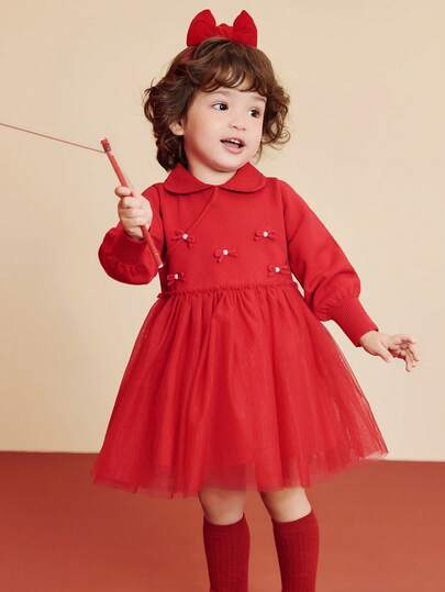 mini bala Girls' Knitted Mesh Dress, Soft & Sweet, Anti-Pilling, Suitable For Baby's New Year Party, Winter Wear
