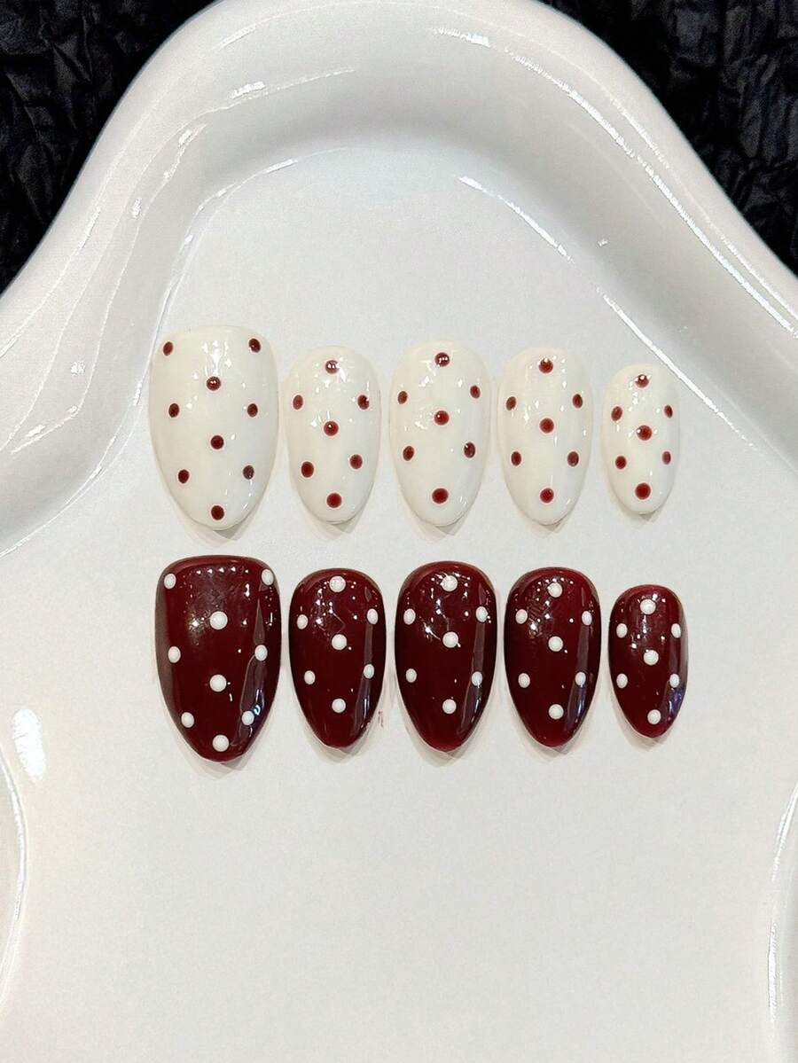 10片装短款杏仁形假指甲，红白波点设计，手工制作，女士日常佩戴美甲用品 - 彩色 - 查看 1