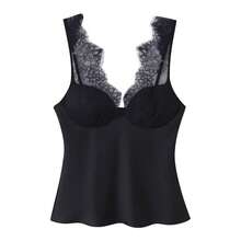女士优雅吊带性感撞色蕾丝无袖背心，时尚修身复古背心，2026新款女士街头休闲黑色夏季装 - 黑色 - 查看 3