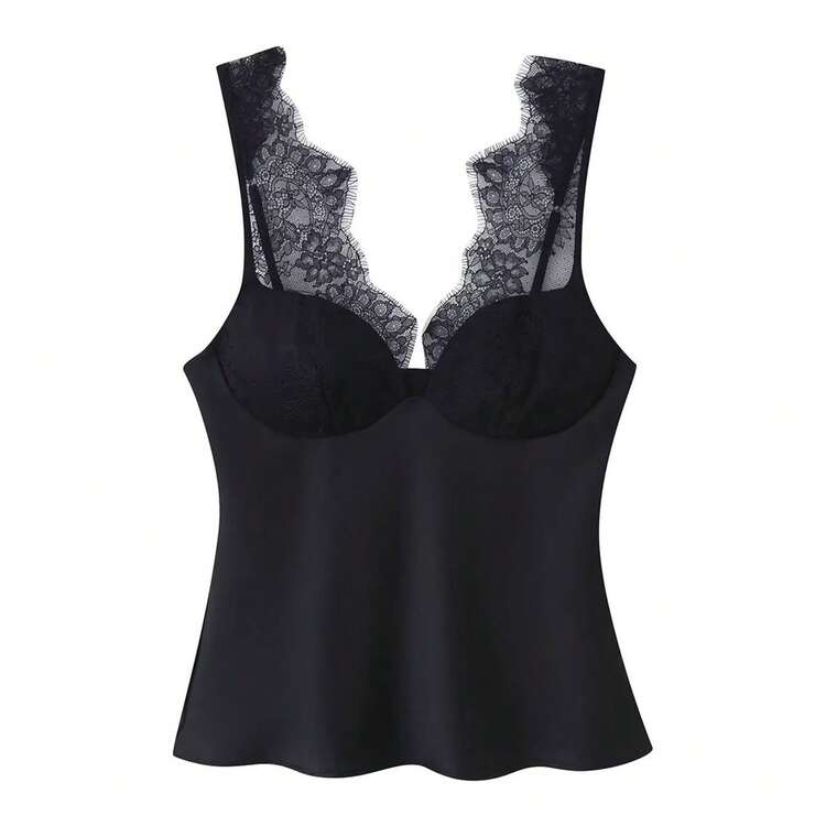 女士优雅吊带性感撞色蕾丝无袖背心，时尚修身复古背心，2026新款女士街头休闲黑色夏季装 - 黑色 - 查看 3