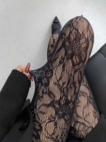 French Retro Lace Hollow Fishnet Tights - Office/Party Slim-Fit Black Silk - Multicolor - View 13