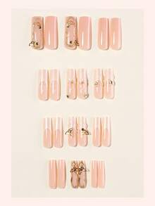 French Flower Acrylic Nails 24Pcs Gold Chrome Holographic Long Square Press On Nails, DIY Art Butterfly 3D Fake Nail Set, Suitable For Nail Salons, Women's Daily Wear, Holiday Parties, And Gifts. - Multicolor - View 2