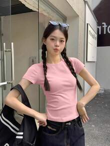 女士修身圆领短袖T恤，休闲时尚美式风格，修身显瘦，百搭夏季款 - 嫩粉紅色 - 查看 4
