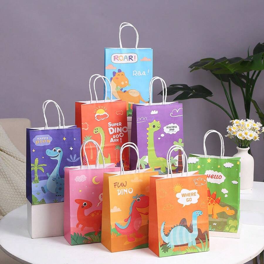 8/16/24pcs Random Dinosaur Pattern Gift Bags, Suitable For Party Birthday Gift Bags, Kraft Paper Bags, Souvenirs Bags, Holiday Gift Bags, Souvenir Packaging - Multicolor - View 1