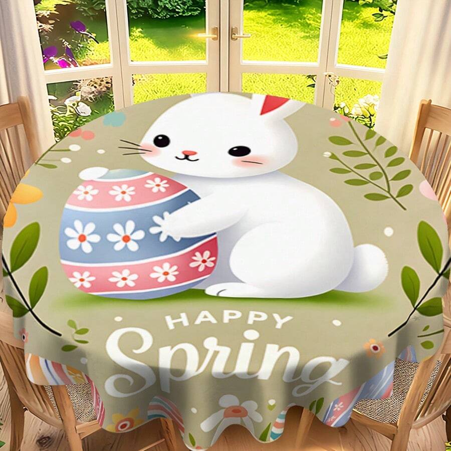 1pc Easter Bunny Holding Eggs Round Tablecloth, "HAPPY SPRING" Spring-Themed Dining Room Decor, Washable Round Table Cover For Daily Dining Room And Living Room, Suitable For Easter Holiday, Outdoor Picnics - 100% Polyester - Multicolor - View 1