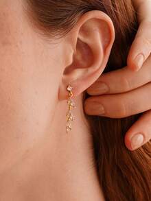 14K镀金长款立方氧化锆水滴形吊坠耳环，优雅新娘婚礼耳环，伴娘水滴形耳环，正式场合首饰 - 金色 - 查看 3