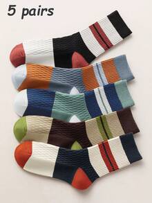 5 Pairs Men's Simple Colorblock Striped Mid-Calf Socks, Spring/Autumn - Multicolor - View 6