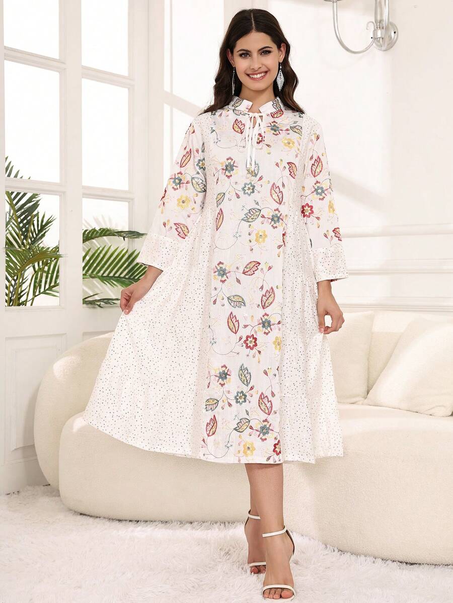 ASBB 重磅金色亮片彩色刺繡阿拉伯女式 JALABIYA 連衣裙，綁帶領口，米色優雅時尚洋裝，2026夏季派對度假休閒穿搭