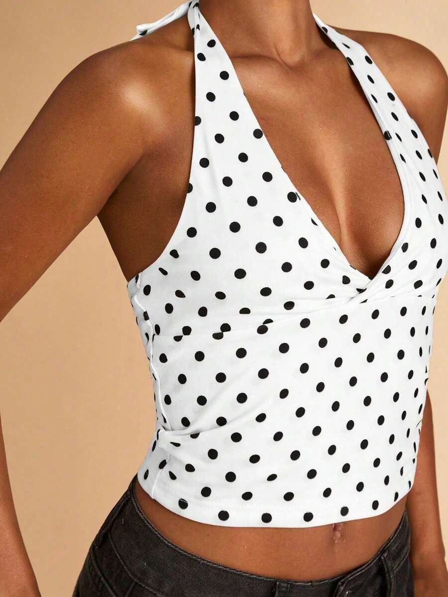 1 Piece White Polka Dot Tie Detail Halter Top, Sexy Chic Backless Open Back Crop Top For Women, Perfect For Party, Date Night And Vacation - 白色 - 查看 1