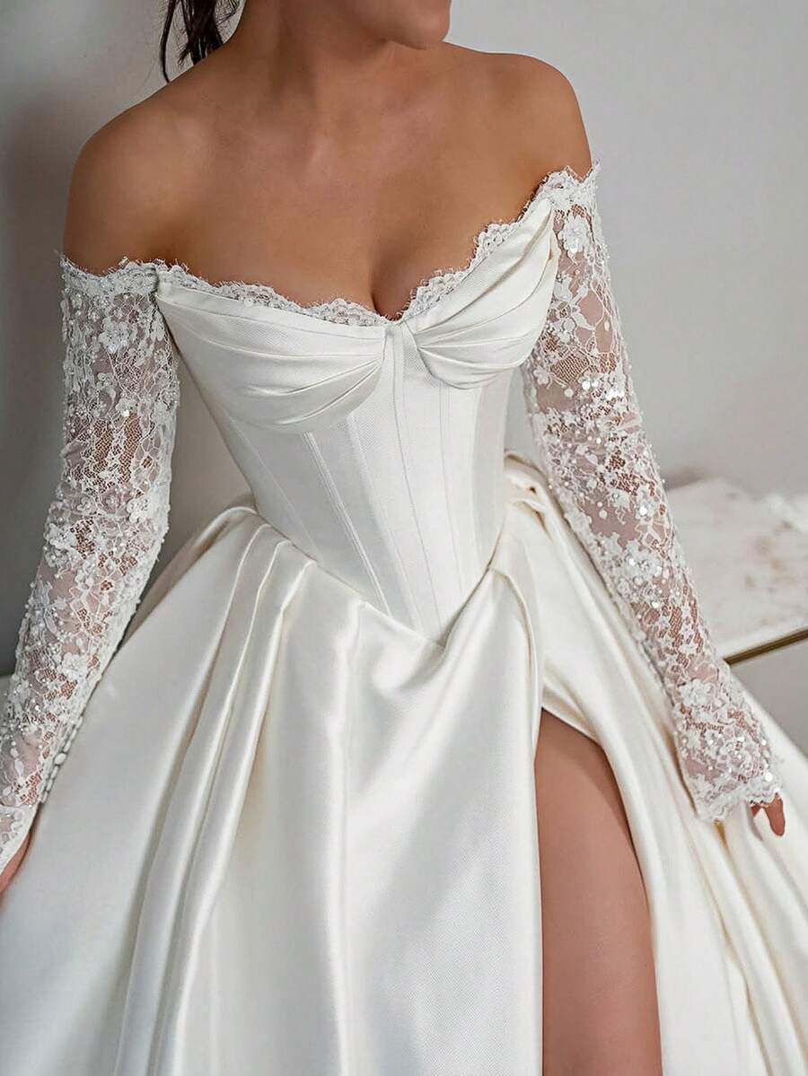 Elegant Off-Shoulder Satin Wedding Gown With Lace Long Sleeves & High Side Slit – Italian Silk Fabric, A-Line Skirt With Dramatic Train, Perfect For Weddings, Christmas, Halloween, Proms, Birthdays, And Special Occasions – Suitable For Weddings, Parties, Bachelorette Parties, Vacations, Formal Occasions, Dinner Gowns, Graduation Ball Gowns, Homecoming Gowns, Cocktail Parties, Bridesmaid Gowns, Wedding Guest Gowns, And Graduation Ceremonies - White - View 1