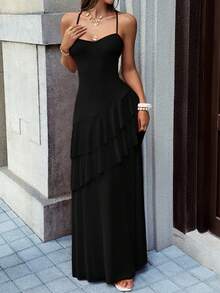 Vaiaye 女士热带夏威夷波西米亚风沙滩度假长裙，纯色优雅吊带露背高开衩裙摆，适合情人节派对黑色夏季穿着 - 黑色 - 查看 6