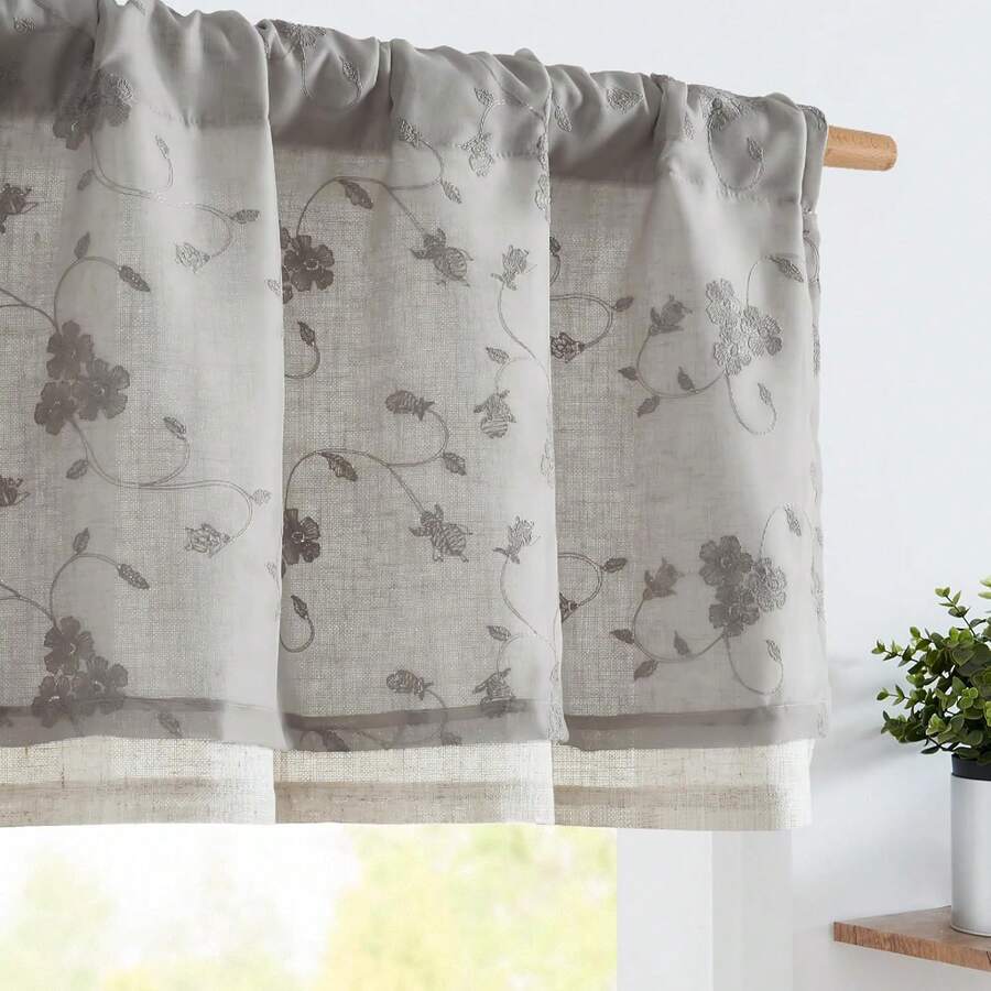 Linen Valance Sheer Double Layer Kitchen Window Curtain Leaf Embroidered Valance Living Room Cafe Farmhouse Filtering Rustic Country Curtain 18 Inch Rod Pocket 1 Panel White Home Decor - 花卉圖案 | 灰色 - 查看 1