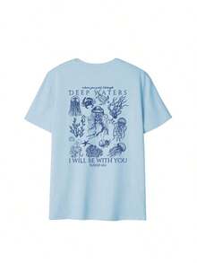 Women's Summer T-Shirt With Marine Life Print, Casual Holiday Style, Versatile, Round Neck, Short Sleeves, Fashionable Summer Colors - 淺藍色 - 查看 5