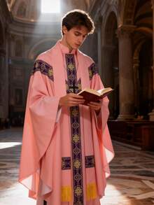 Medieval Priest Robe Cosplay Costume, Loose Fit Printed Long Robe For Halloween, Christmas - Pink - View 3