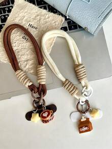 1个星形咖啡杯手机挂绳腕带，创意可爱牛奶咖啡钥匙扣吊坠腕带短绳，男女通用手机壳配件轻便腕带，情人节小礼物 - 彩色 - 查看 2