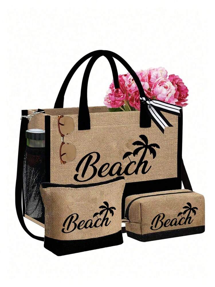 Beach Themed Tote Bag Set With "Beach" Lettering And Palm Tree Graphics. This Fashionable Foldable Beach Bag Is Perfect For Swimming And Beach Trips. It Can Also Be Used As A Women's Shoulder Bag, Grocery Shopping Bag, Or Multipurpose Storage Bag. Chic Commuter Handbag - Multicolor - View 15