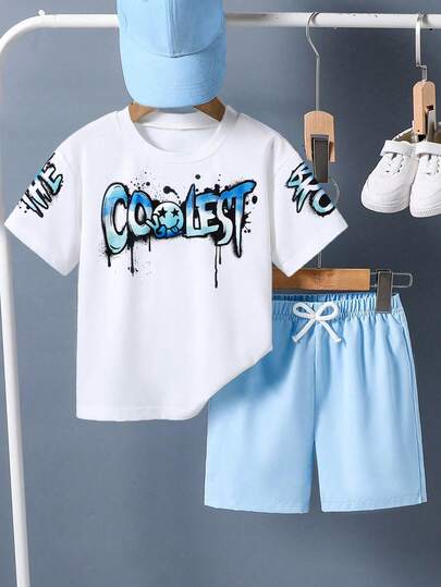 Tween Boy Letter Graphic Tee & Drawstring Waist Shorts