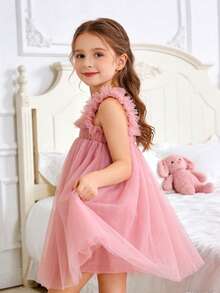 1件装少女可爱甜美淑女优雅奢华薄纱多层荷叶边吊带蓬蓬裙，公主派对正式礼服，海滩度假生日庆典场合，四季皆宜