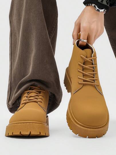 Fashionable High-Top Men's Boots, Thick Sole, Anti-Slip, Vintage Casual Style, Ankle Boots For Plus Size Men, Winter Outdoor