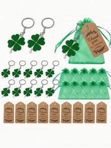 15pcs Lucky Four-Leaf Clover Keychain Gift Set - Includes 5 Lucky Four-Leaf Clover Keychains, 5 Green Organza Bags, And 5 Kraft Paper Thank You Cards. Ideal Souvenir For St. Patrick's Day, Also Suitable For St. Patrick's Day Celebrations, Irish Themed Events, Beer Festivals, And Team Appreciation Parties. - Multicolor - View 1
