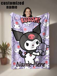 Sanrio 1pc Kuromi Themed Flannel Blanket, Customizable Name, Purple Tone, Featuring Detailed Kuromi Illustrations, Style - Suitable For All Seasons, Soft, Lightweight, Warm, Ideal For Sofa, Bed, Outdoor - Perfect Birthday And Holiday Gift For Family And Friends - Multicolor - View 2