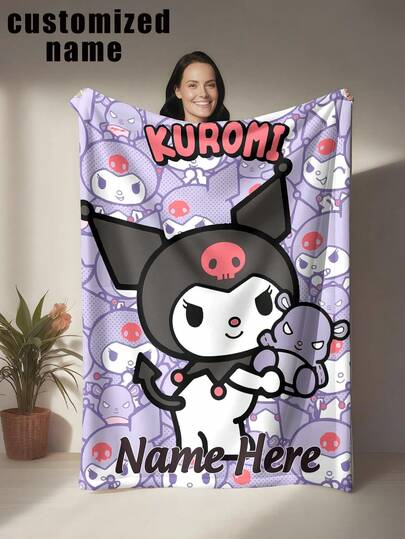 Sanrio 1pc Kuromi Themed Flannel Blanket, Customizable Name, Purple Tone, Featuring Detailed Kuromi Illustrations, Style - Suitable For All Seasons, Soft, Lightweight, Warm, Ideal For Sofa, Bed, Outdoor - Perfect Birthday And Holiday Gift For Family And Friends