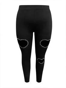 LovelyWholesale 大码女式纯色性感镂空水钻装饰情人节短袖上衣和裤子两件套黑色夏季优雅 - 黑色 - 查看 9