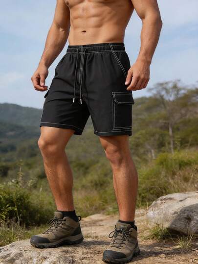Men's Black & White Trim Cargo Shorts, Drawstring Waist Casual Pants, Suitable For Outdoor, Everyday & Light Activewear Occasions