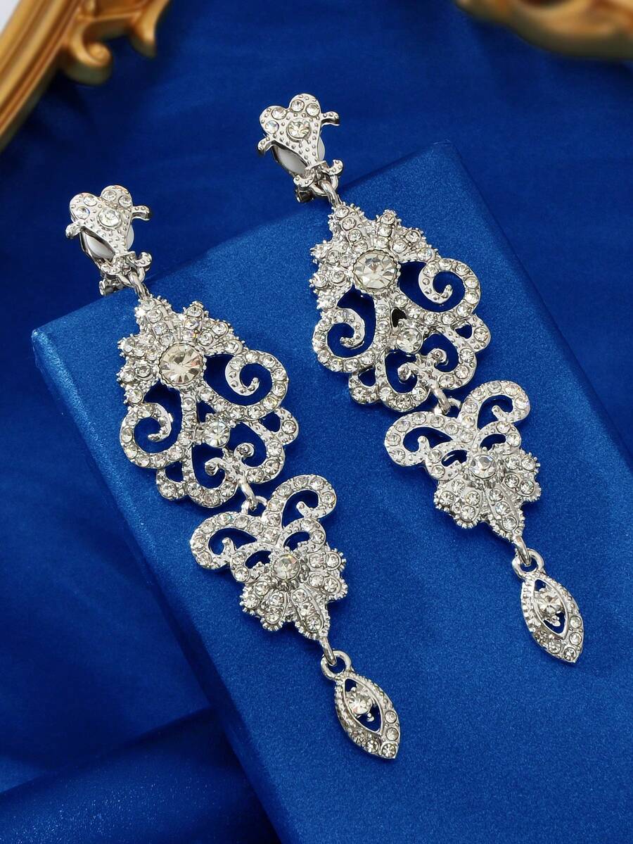 1对奢华水晶装饰镂空花朵银色夹式耳环，女士婚礼新娘首饰 - 銀色 - 查看 1