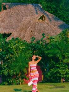 Women's Two-Piece Skirt Set, New For Summer, Featuring A Striped Sleeveless Camisole Top And A Slim-Fitting Long Skirt, Perfect For Y2K-Style Vacation And Casual Outings. - 紅色 - 查看 7